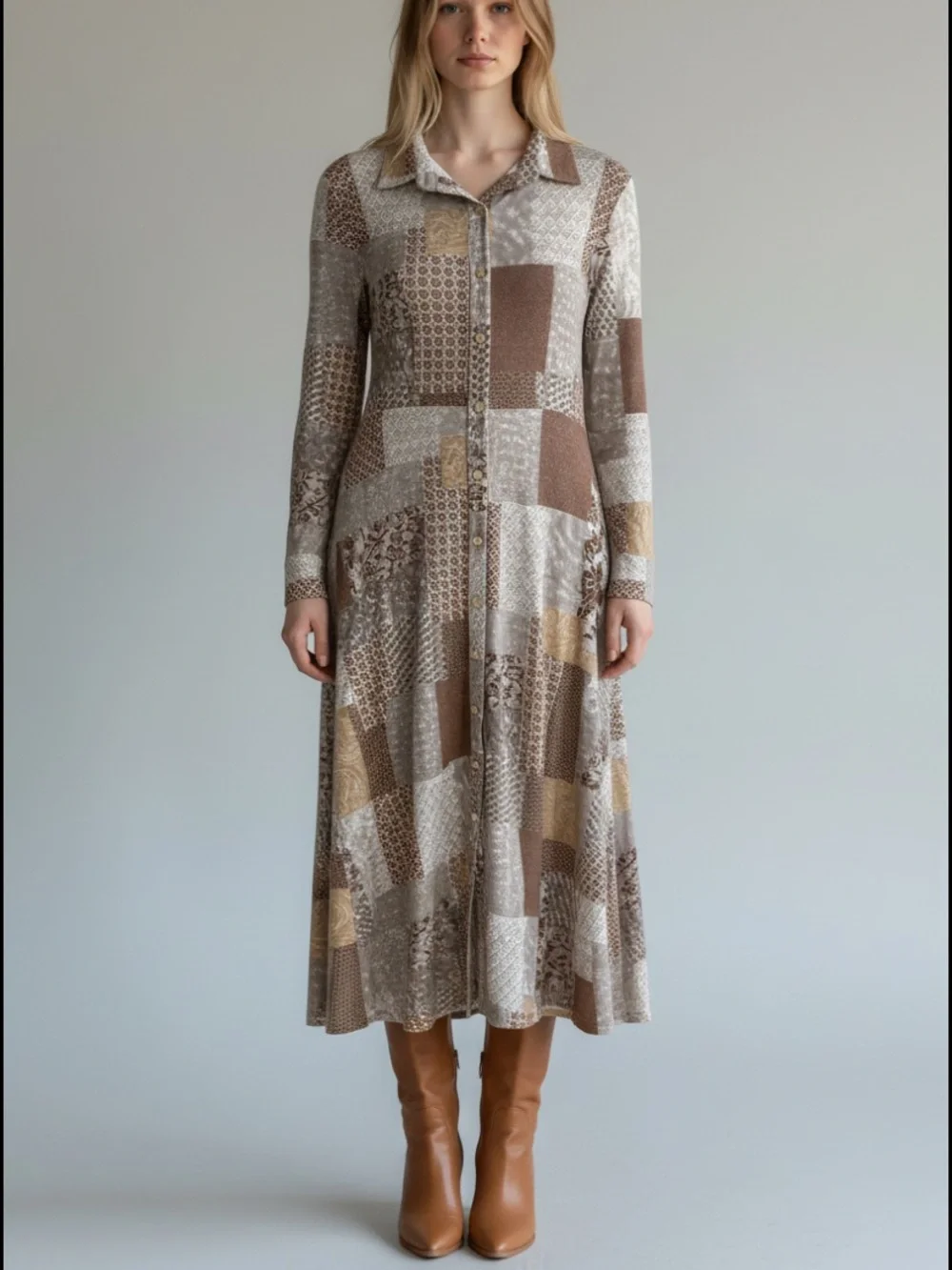 Story cotton Patchwork Print Button-Front Midi Dress in Brown Cream size small